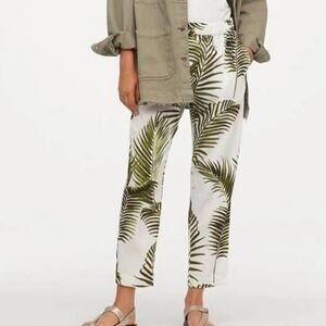 Panama Jack Linen Palm Leaf Crop Ankle White Green Pull On Casual Pant Size S